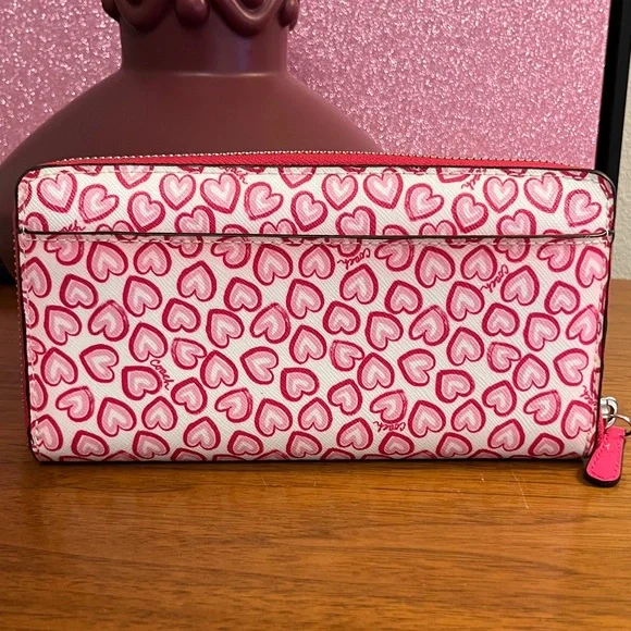 Coach Pink Heart Pattern Zip Around Wallet - Picture 6 of 12